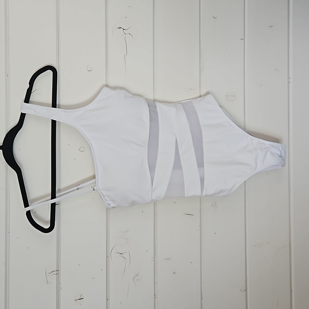 Women's White one piece swimsuit with center mesh. Size Medium